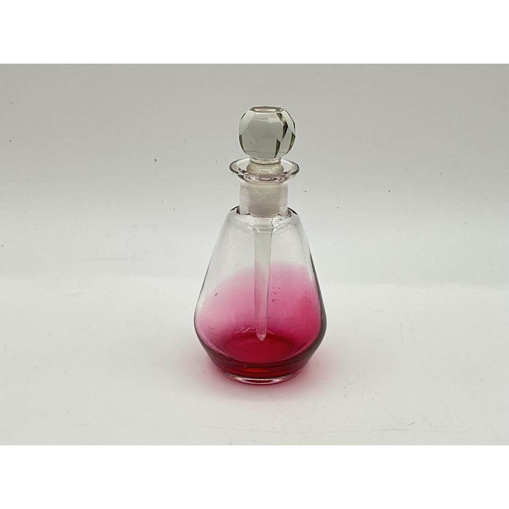 Vtg Cranberry Red Ombre Glass 4.75" Perfume Bottle Clear Cut Glass Stopper